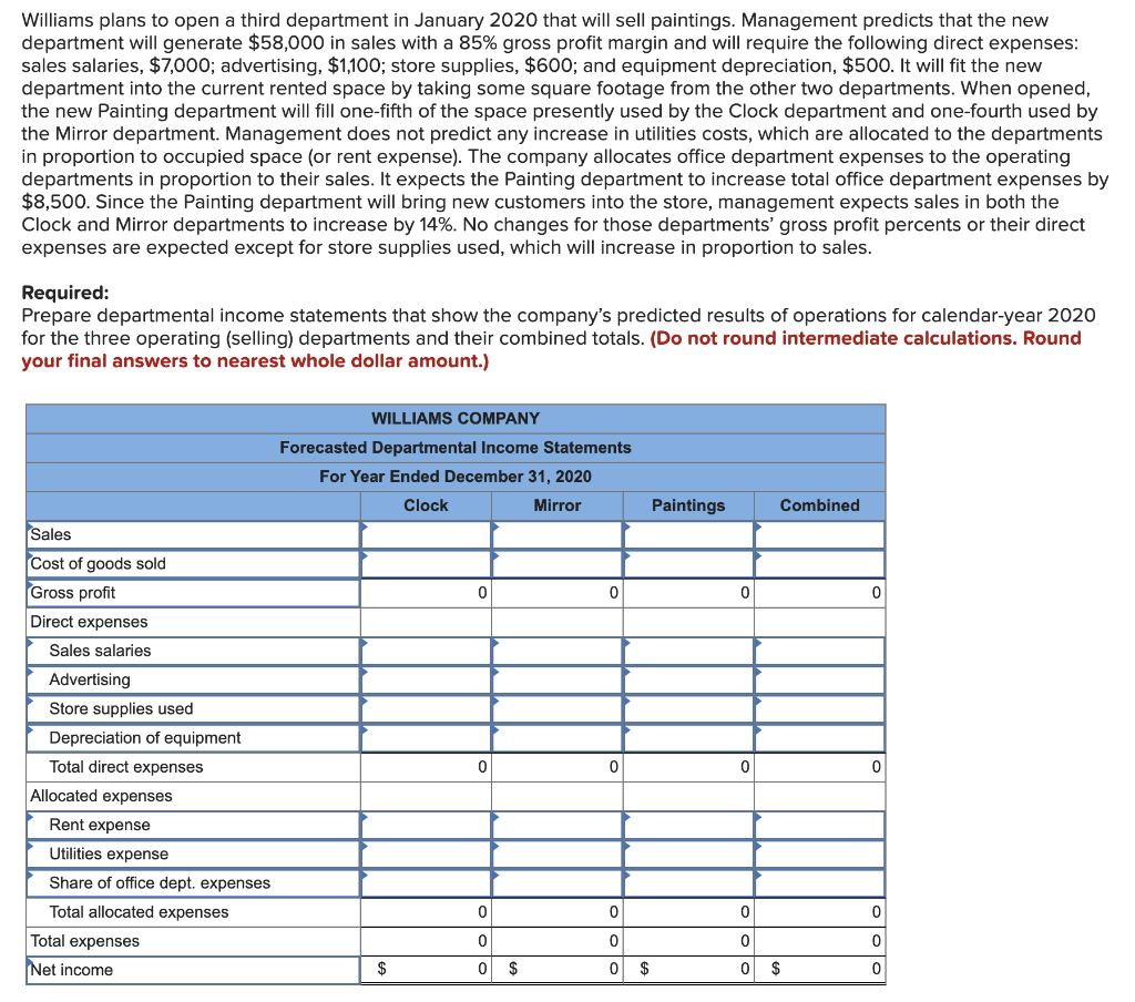 Solved Williams plans to open a third department in January