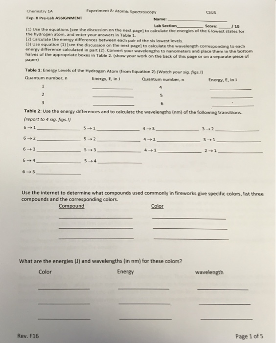 Solved Experiment 8 Atomic Spectroscopy Chemistry 1A Exp. 8