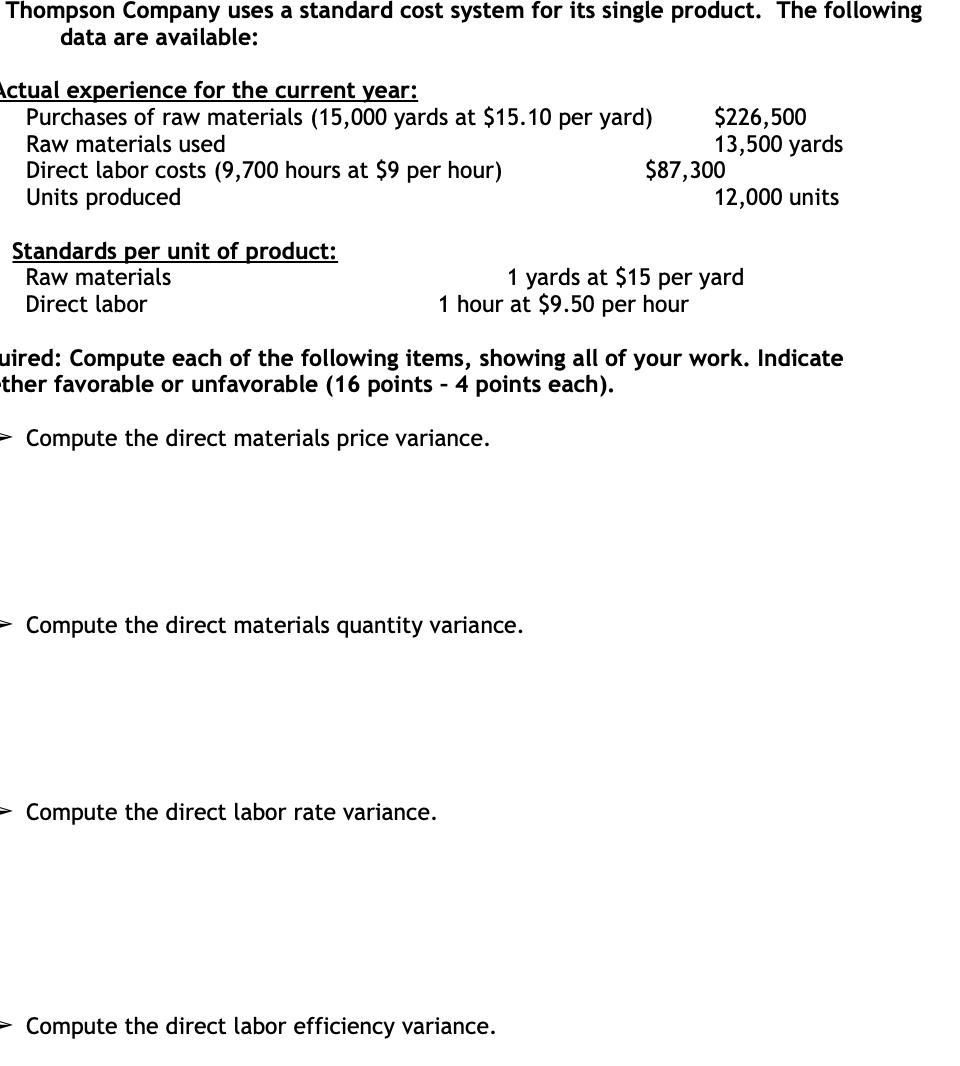 Solved Thompson Company uses a standard cost system for its