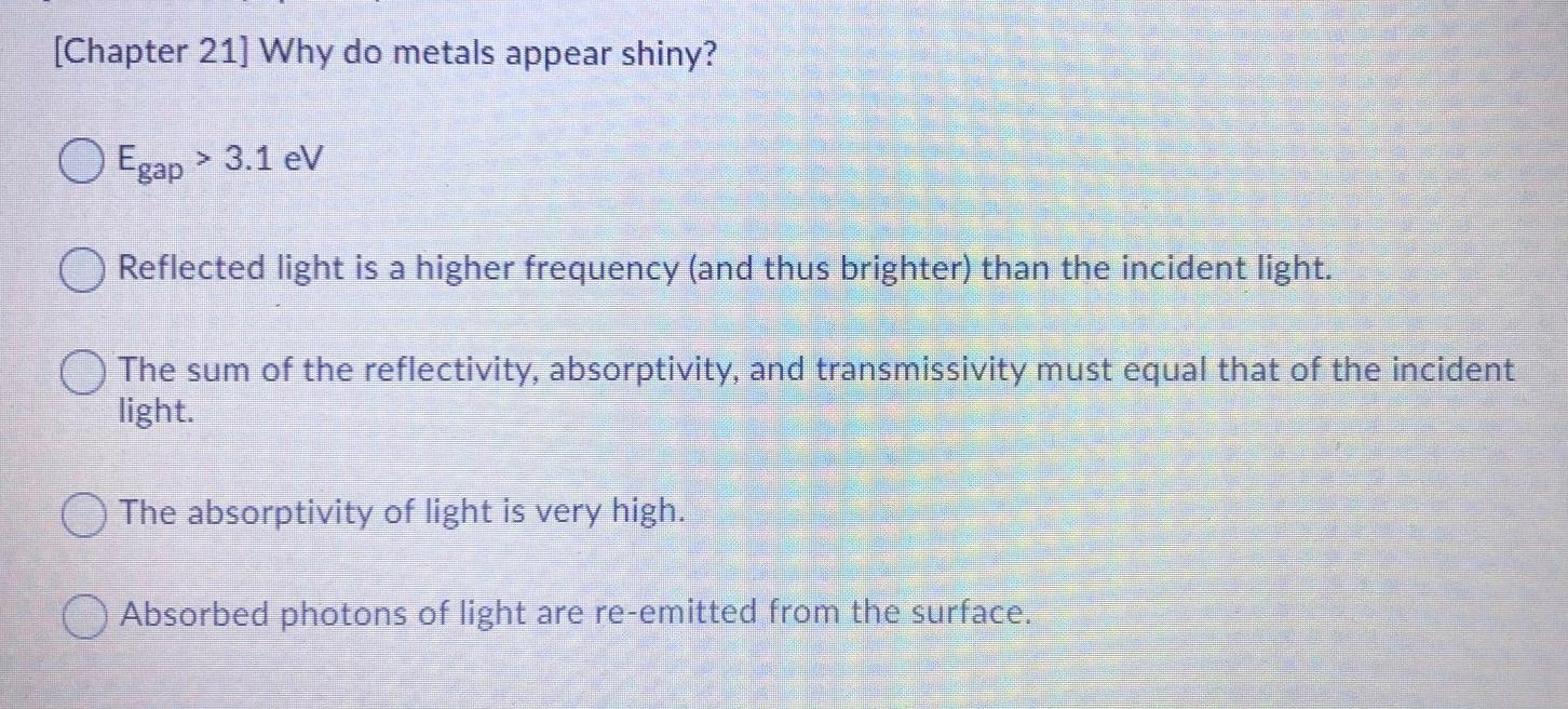 Solved [Chapter 21] Why do metals appear shiny? Egap > 3.1