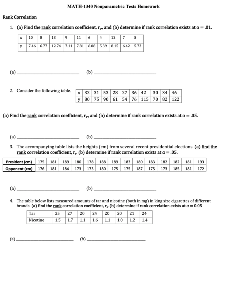 Math 1340 Nonparametric Tests Homework Rank Correl Chegg Com