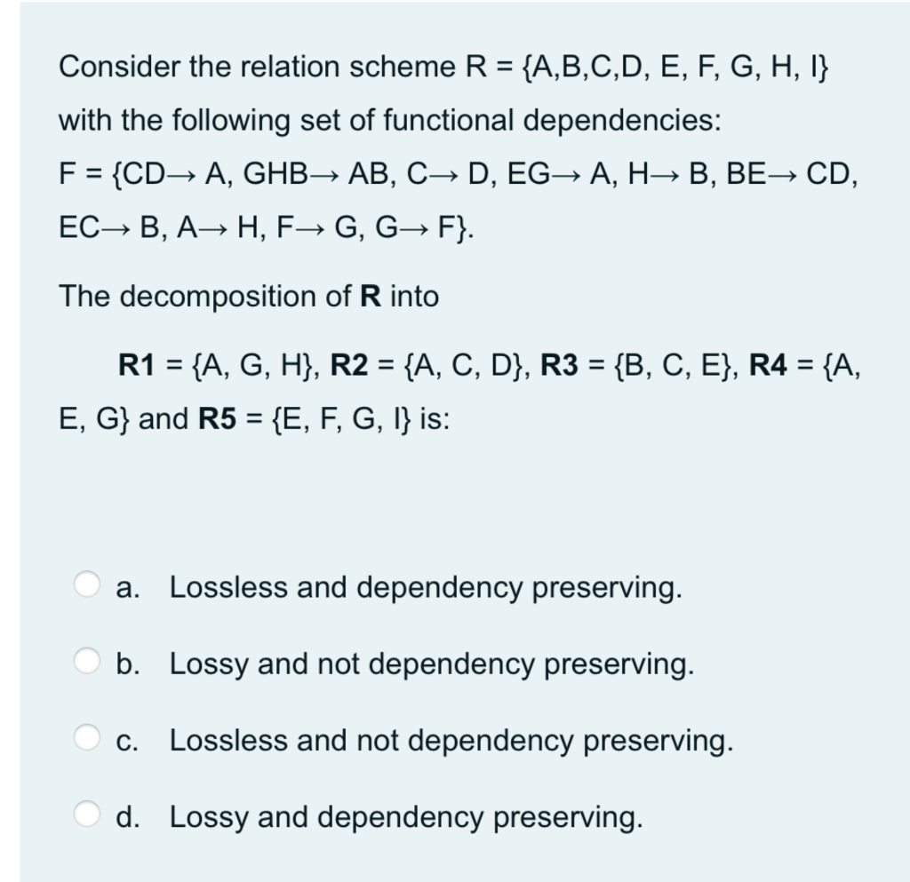 Solved Consider The Relation Scheme R = {A,B,C,D, E, F, G, | Chegg.com