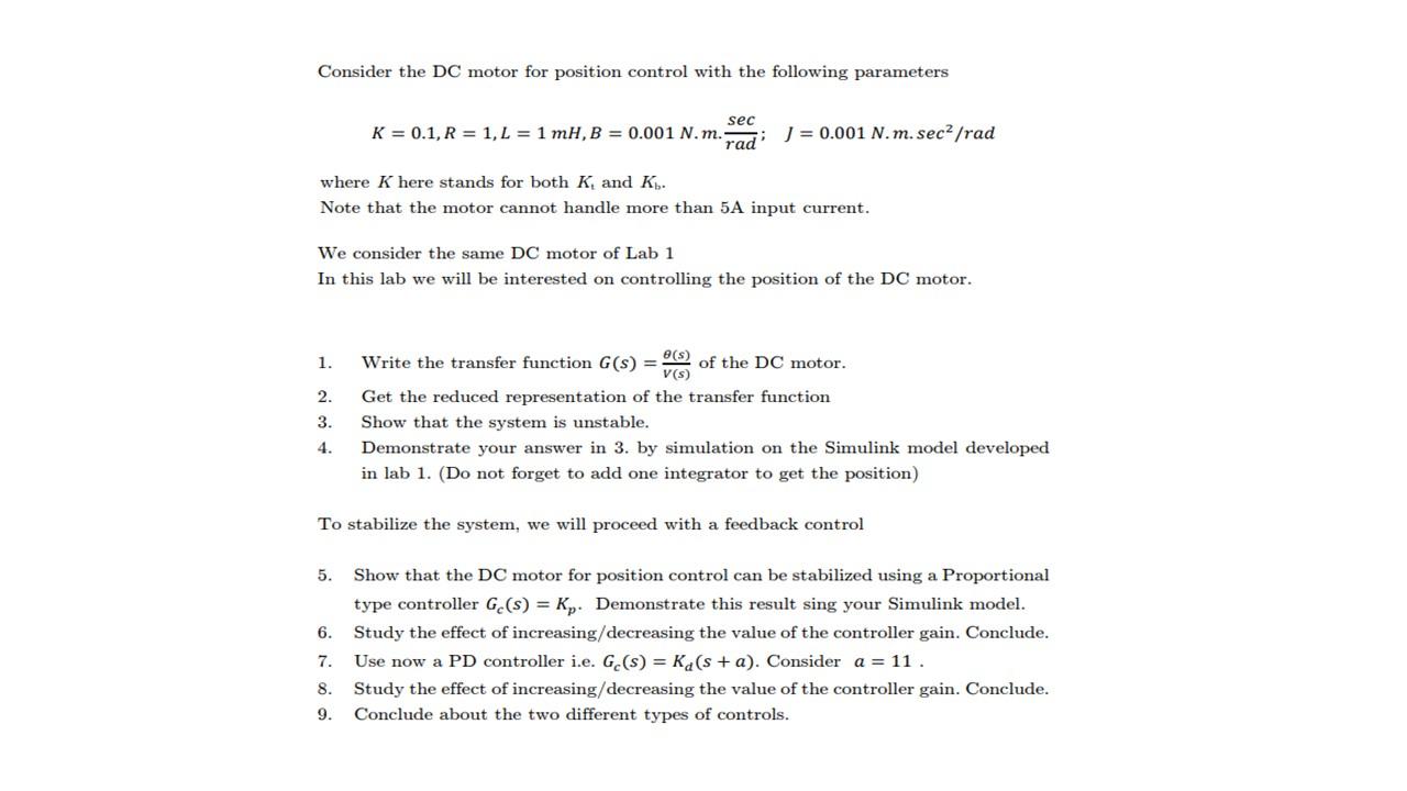 Solved Consider the DC motor for position control with the | Chegg.com