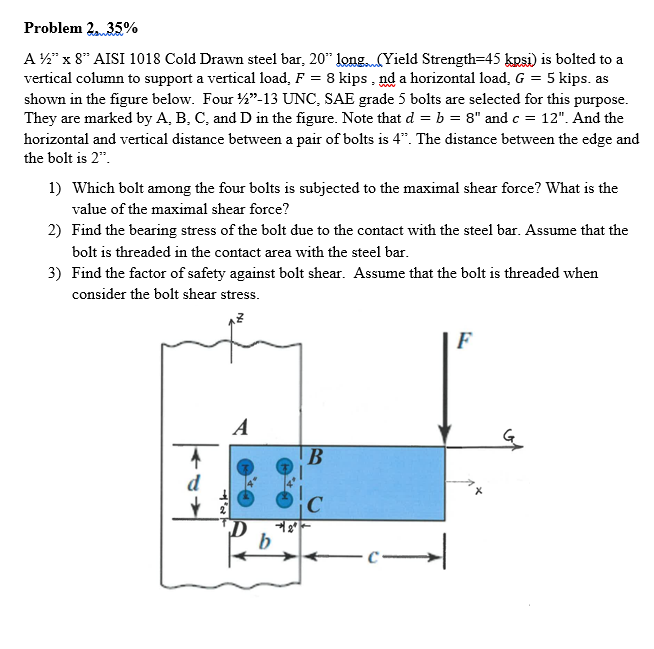 Solved A 1/2"×8" AISI 1018 Cold Drawn steel bar, 20" long, | Chegg.com