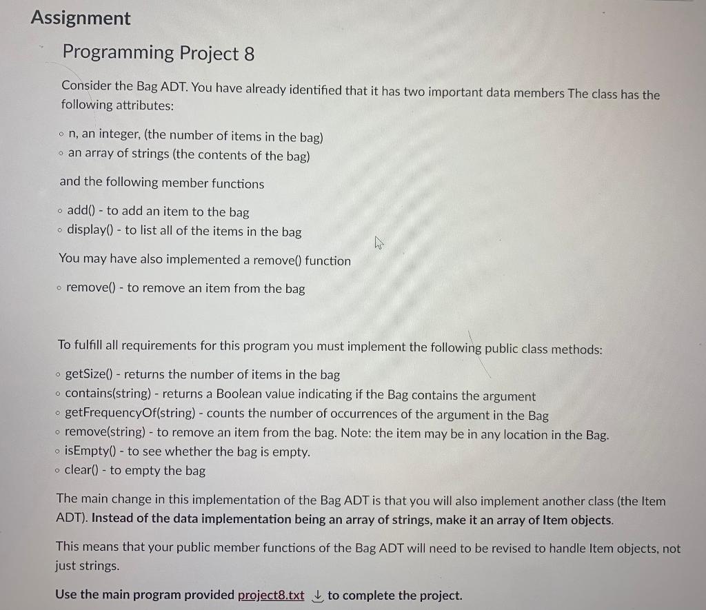 Solved Assignment Programming Project 8 Consider the Bag | Chegg.com