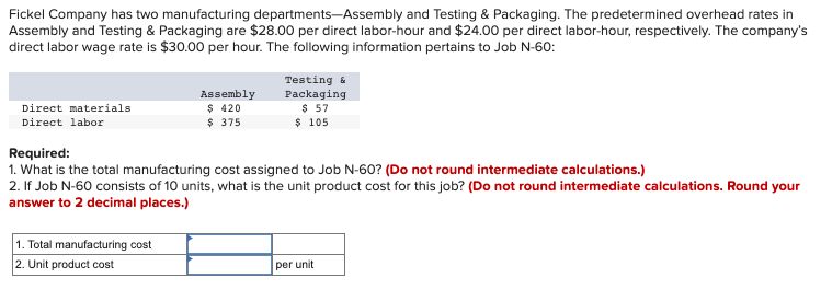 Solved Fickel Company has two manufacturing | Chegg.com