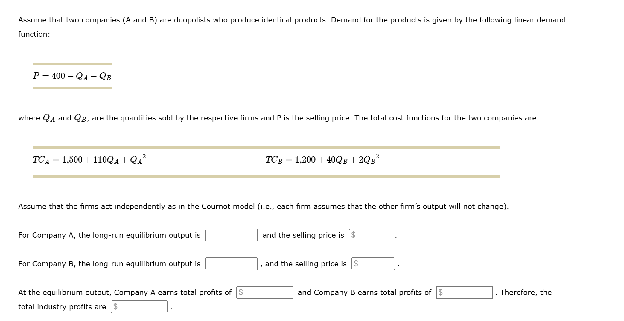 Solved Assume That Two Companies (A And B) ﻿are Duopolists | Chegg.com