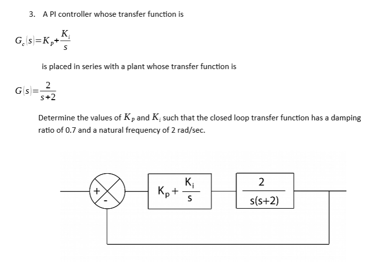 Solved A PI controller whose transfer function is 3. K; | Chegg.com