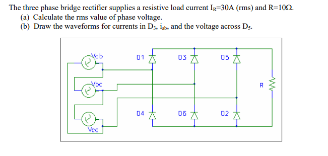 Solved The three phase bridge rectifier supplies a resistive | Chegg.com