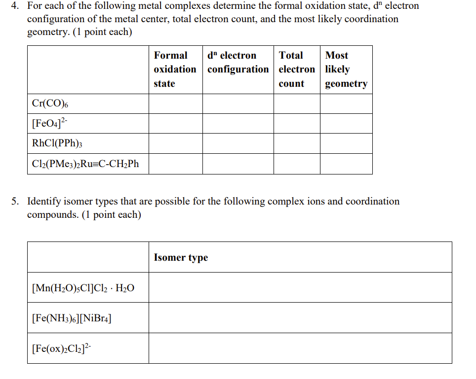 Solved 4. For each of the following metal complexes | Chegg.com