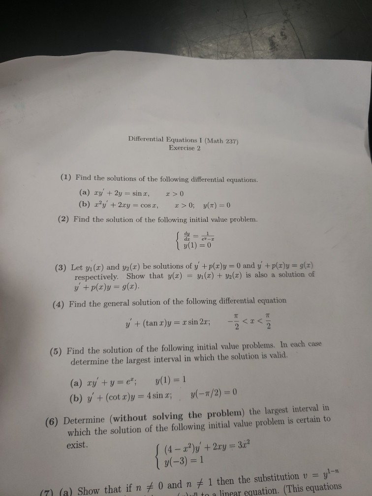 Solved Differential Equations I Math 237 Exercise 2 1 Chegg Com