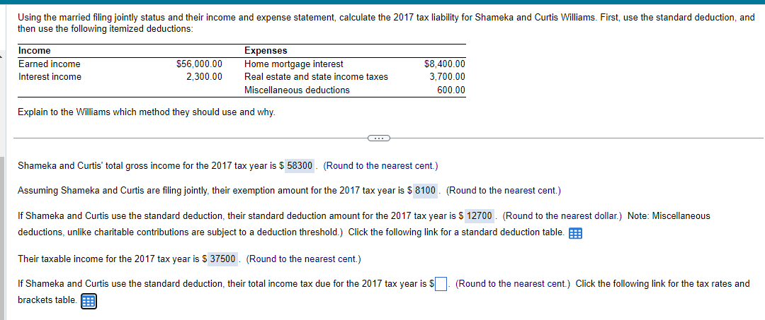 Using the married filing jointly status and their income and expense statement, calculate the 2017 tax liability for Shameka 