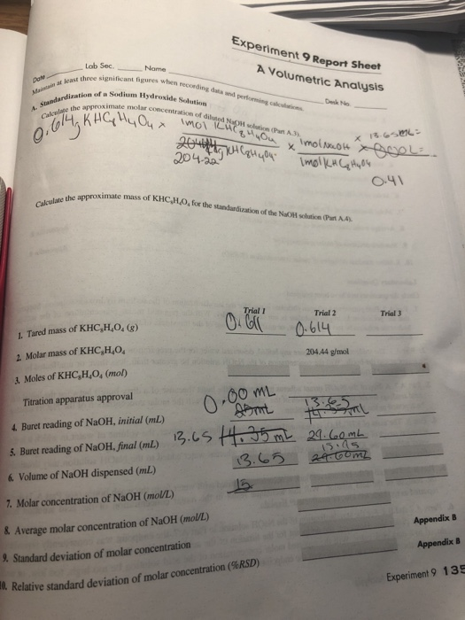 Experiment 9 Report Sheet Lab Sec.Name A Volumetric | Chegg.com