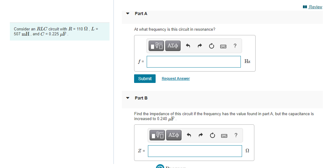 Solved n Review Part A Consider an RLC circuit with R = 110 | Chegg.com