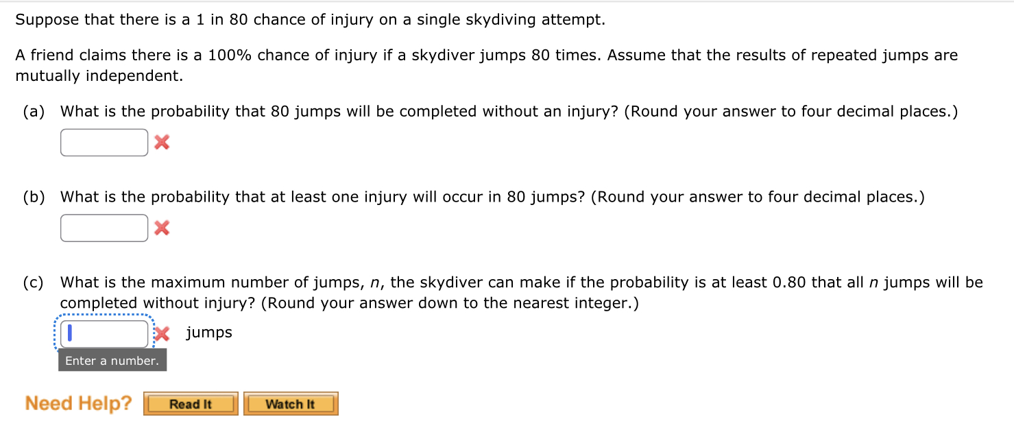 Solved Suppose that there is a 1 in 80 chance of injury on a | Chegg.com