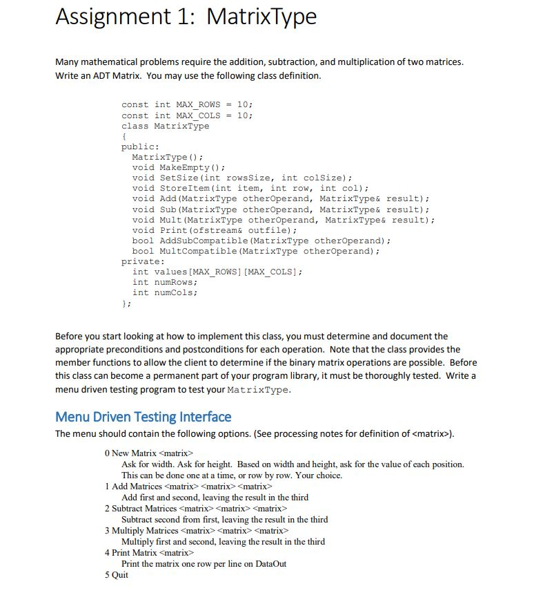 Solved Assignment 1: MatrixType Many mathematical problems | Chegg.com