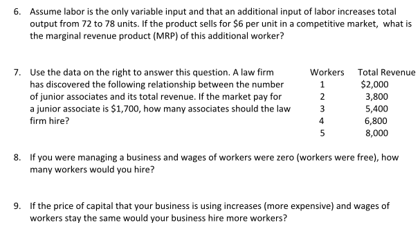 Solved 6. Assume labor is the only variable input and that | Chegg.com