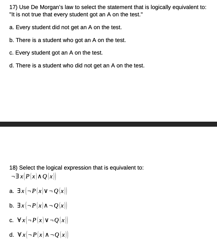 Solved 17) Use De Morgan's law to select the statement that | Chegg.com