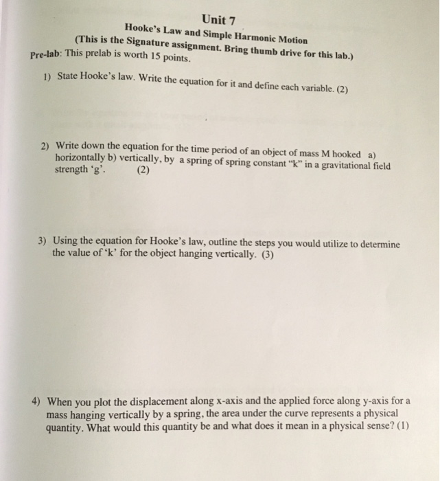 Solved Unit 7 Hooke's Law and Simple Harmonic Motion (This