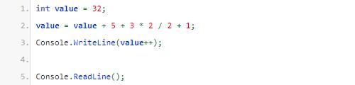 Solved 1. int value =32; 2. value = value +5+3∗2/2+1; 3. | Chegg.com