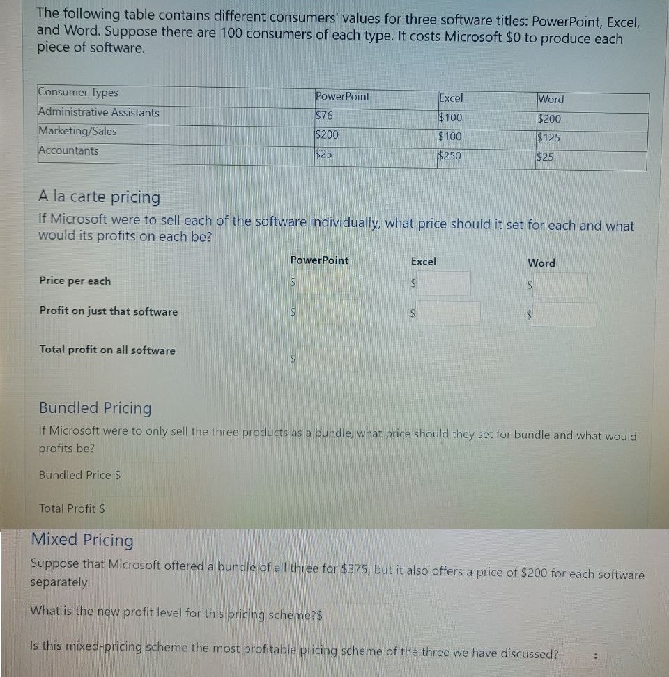 The following table contains different consumers values for three software titles: PowerPoint, Excel, and Word. Suppose ther