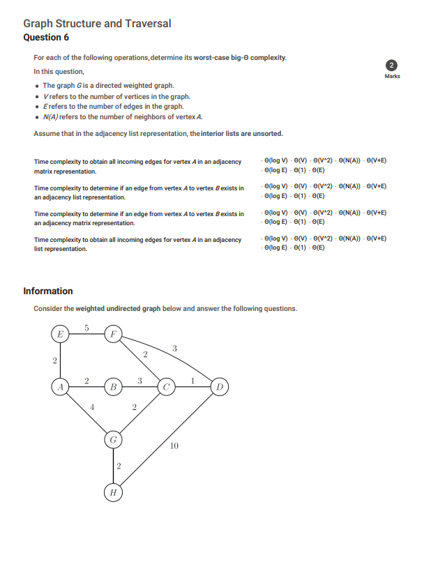 Solved Graph Structure and Traversal Question 6 For each of | Chegg.com