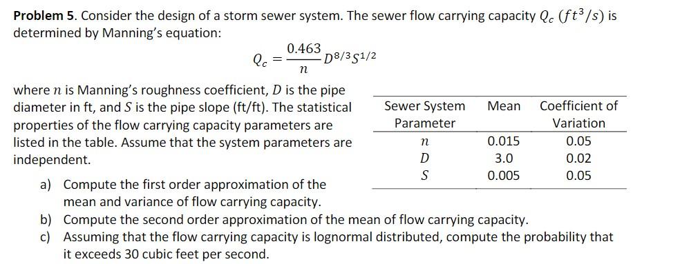 Solved Problem 5. Consider the design of a storm sewer | Chegg.com