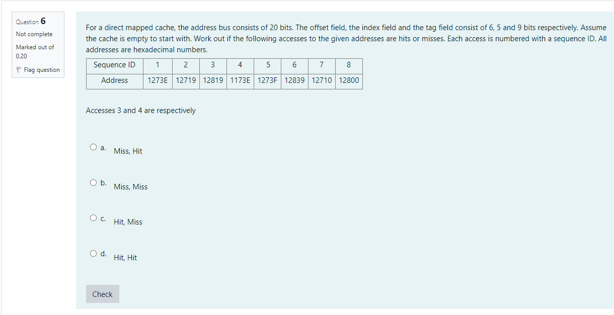 Solved Question 6 Not complete For a direct mapped cache, | Chegg.com