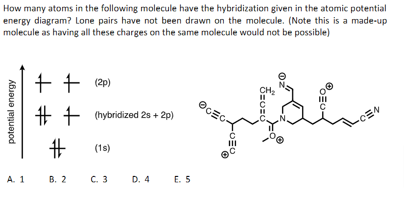 How many atoms in the following molecule have the hybridization given in the atomic potential
energy diagram? Lone pairs have