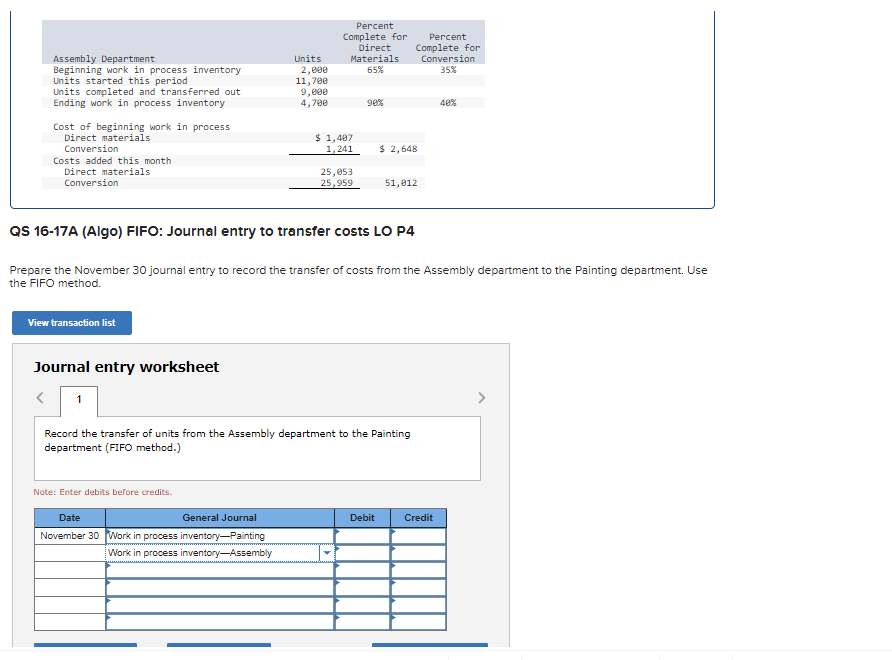 Solved QS 1617A (Algo) FIFO Journal entry to transfer