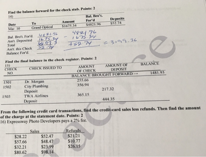 Solved Find the balance forward for the check stub. Points
