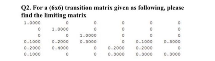 Solved Q2. For a (6x6) transition matrix given as following, | Chegg.com