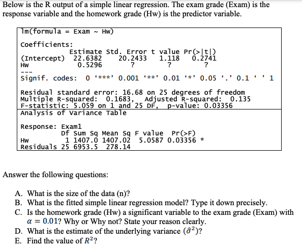 Solved Below is the R output of a simple linear regression. | Chegg.com