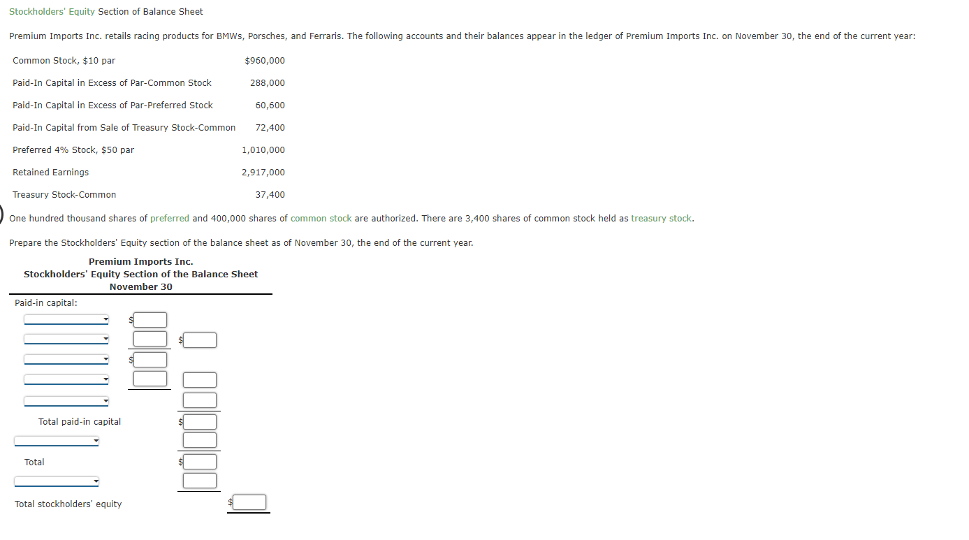 Solved Stockholders' Equity Section Of Balance Sheet Premium 