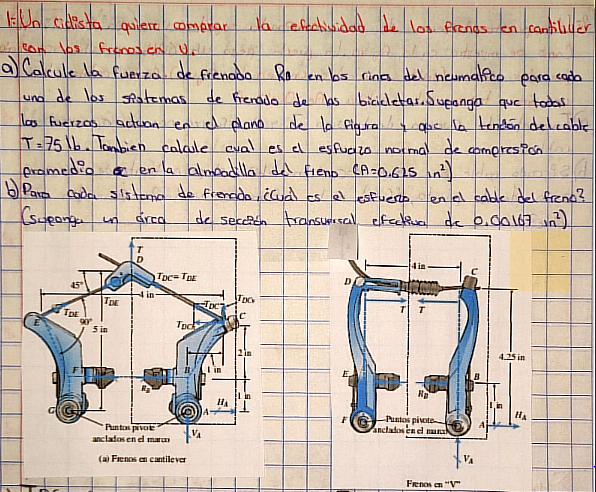 1. Un cidista quilere comprar la afatividad de los frenos en cantiliver con las frenosen \( U \). a) Calcule la fuerza de fre