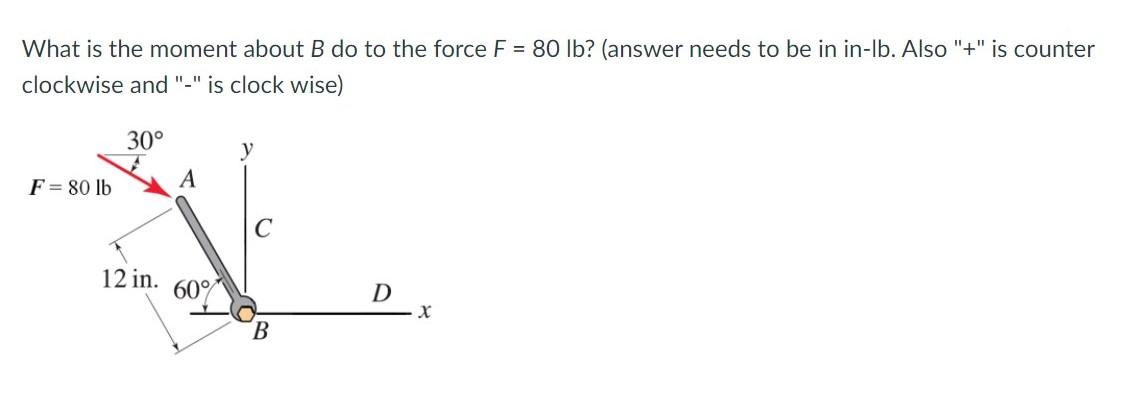 Solved What is the moment about B do to the force F = 80 lb? | Chegg.com