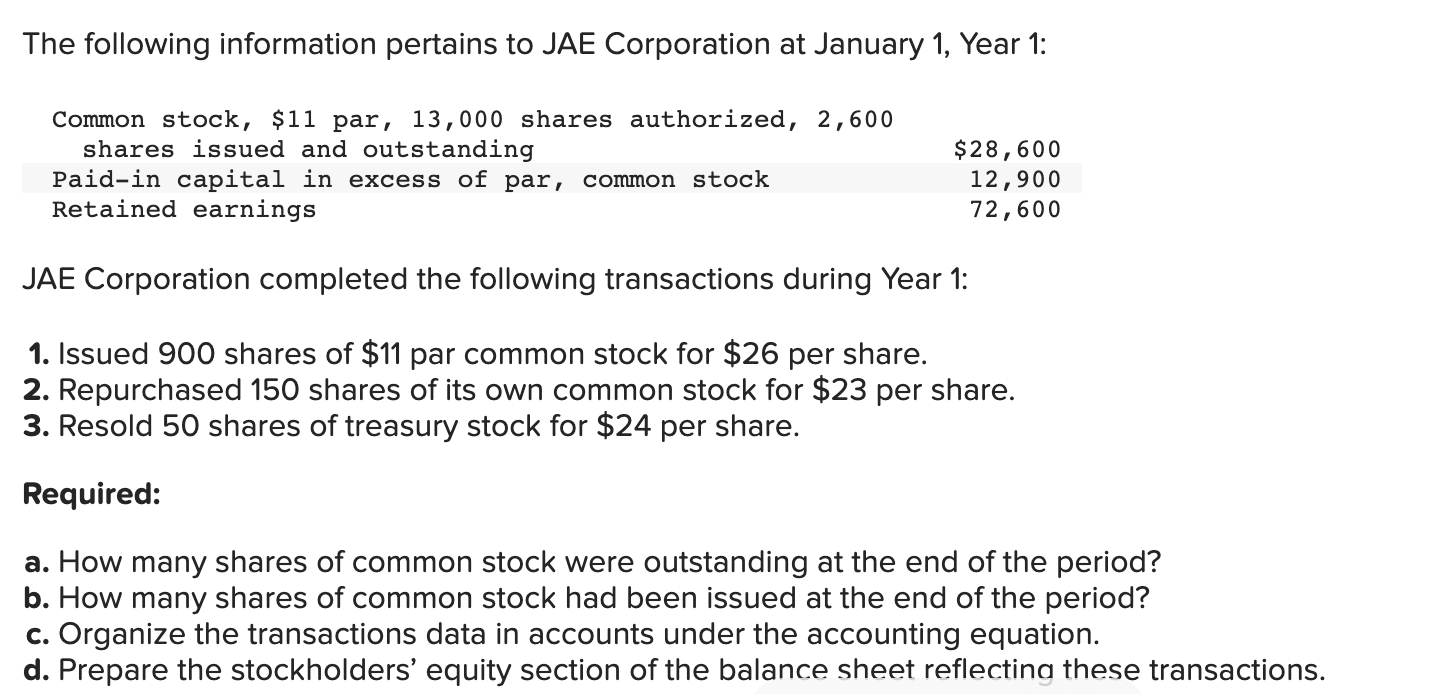Solved The following information pertains to JAE Corporation | Chegg.com