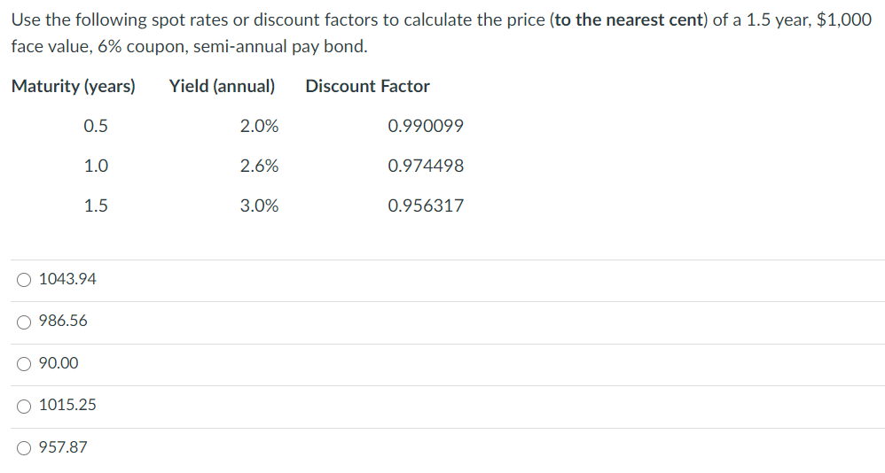 Solved Use the following spot rates or discount factors to | Chegg.com