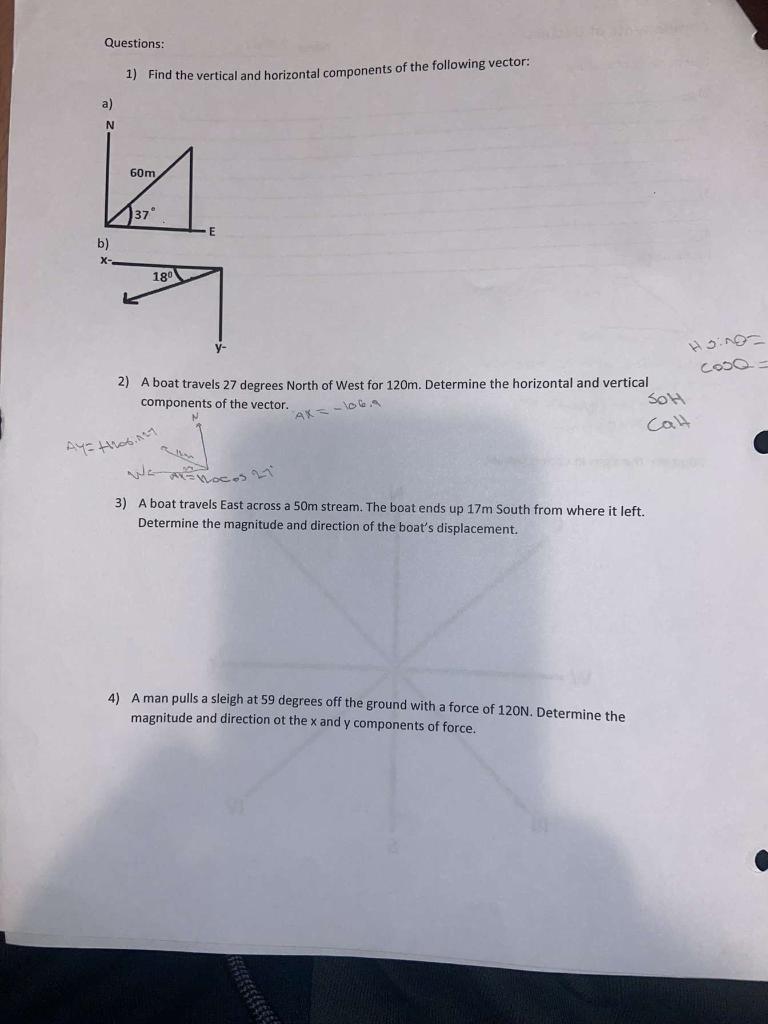 Solved 1) Find the vertical and horizontal components of the | Chegg.com