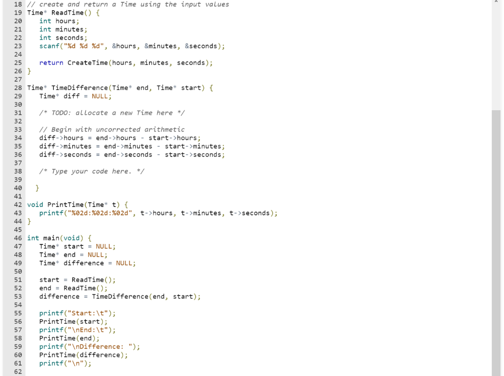 Solved The template code defines a Time struct. Given main() | Chegg.com