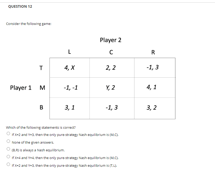 Solved QUESTION 12 Consider the following game: Player 2 L С | Chegg.com