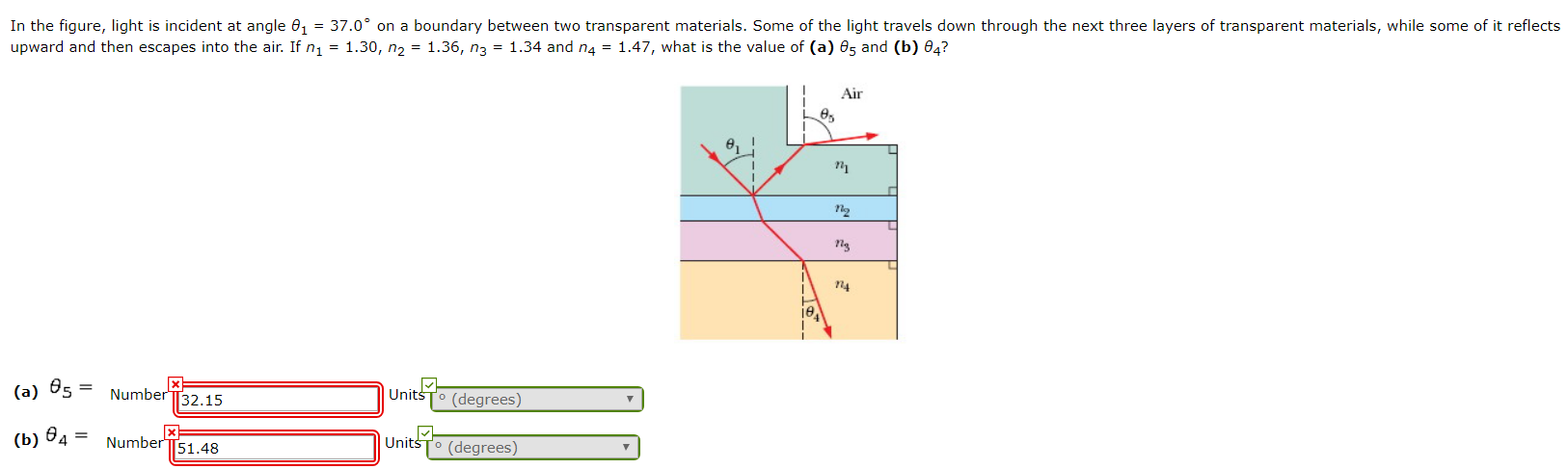 Solved In the figure, light is incident at angle 01 = 37.0° | Chegg.com