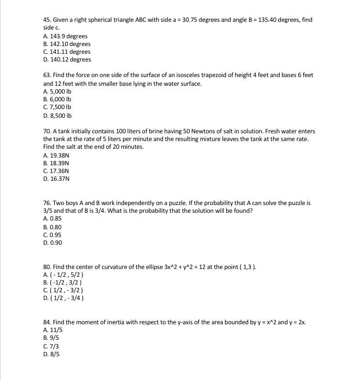 Solved 45. Given a right spherical triangle ABC with side a | Chegg.com