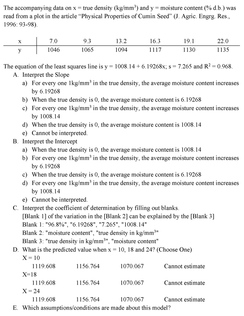 Solved The data on x= true density (kg/mm3) and