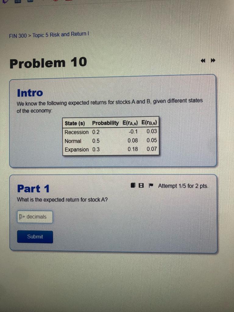 Solved FIN 300 > Topic 5 Risk And Return 1 Problem 10 Intro | Chegg.com