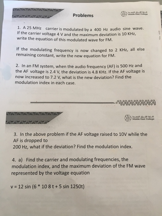 Solved Problems 1. A 25 MHz carrier is modulated by a 400 Hz | Chegg.com