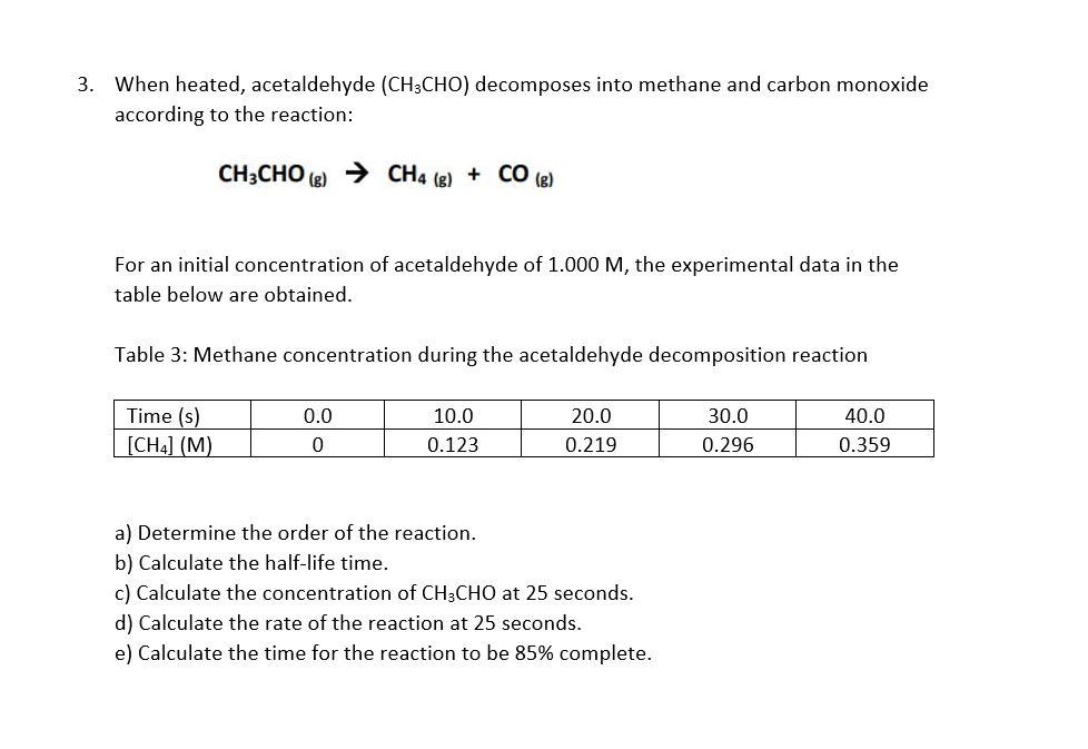 Solved When heated, acetaldehyde (CH3CHO) decomposes into | Chegg.com