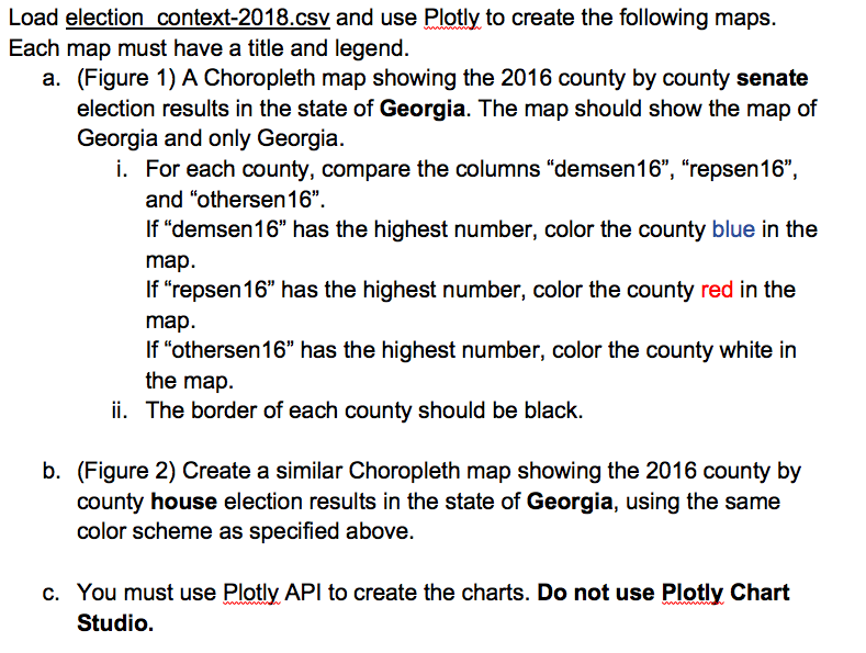 Load election context-2018.csv and use Plotly to create the following maps. Each map must have a title and legend. a. (Figure