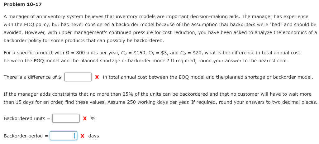 Solved Problem 10-17 A manager of an inventory system | Chegg.com