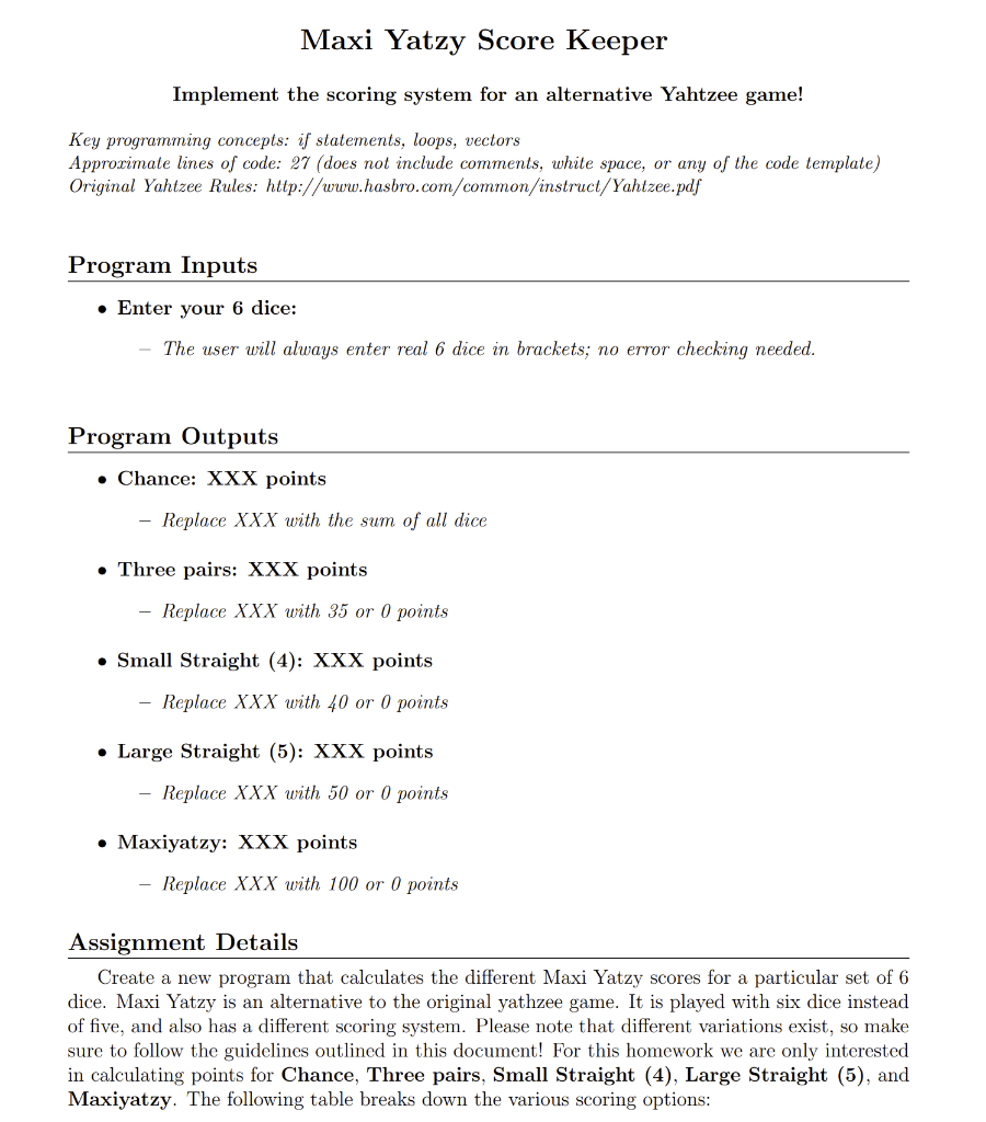 Maxi Yatzy Score Keeper Implement The Scoring System For An Alternative 